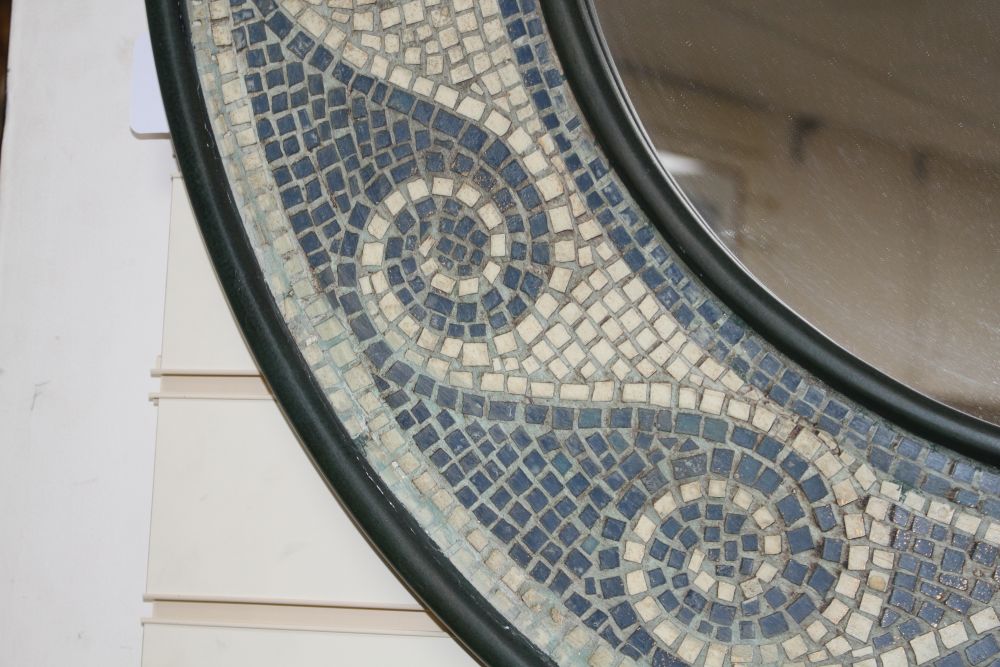 A circular mosaic framed wall mirror, overall diameter 94cm